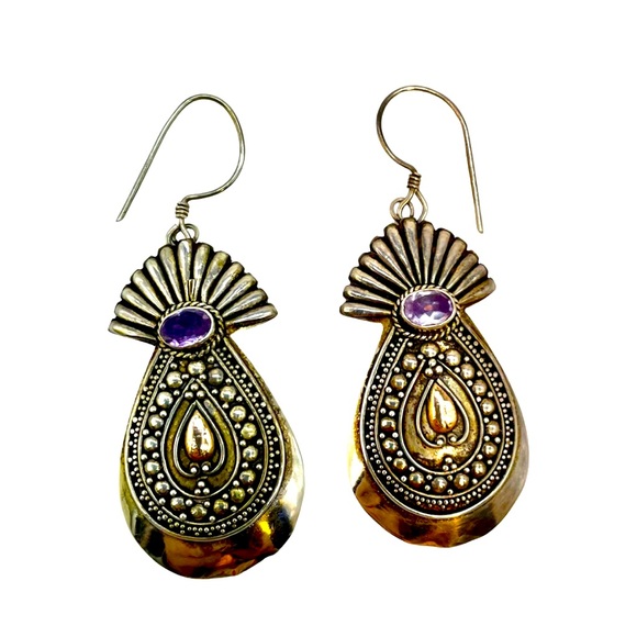 Boho Amethyst Dangle Earrings Sterling Silver Gold Large Tribal Bali 2 Tone - Picture 1 of 5